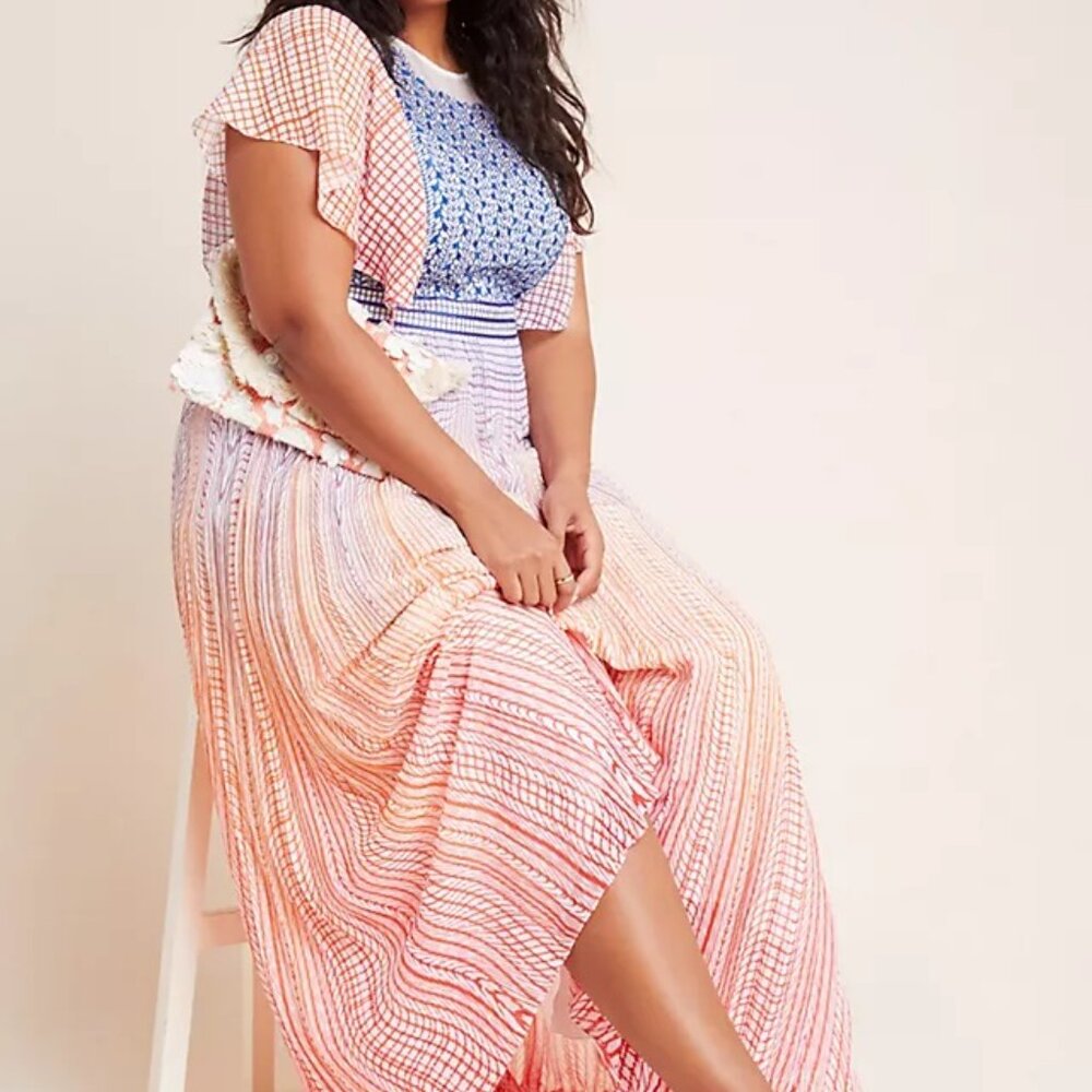 Anthropologie Geisha Designs Savita Pleated Pink Sheer Flowy Maxi dress